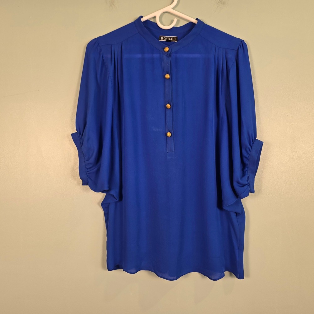Boulee Royal Blue 100% Silk Blouse Gold Button Pleated Top Made in‎ USA Size 4